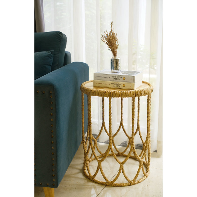 Table d'appoint ronde tissée à la main avec plateau en bois - Table d'appoint en rotin naturel