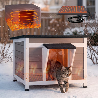 Heated Cat House for Outdoor Cats with Insulated Liner for Winter, Temperature Control Cat Cage, Indoor Kitty Shelter with Heating Pad