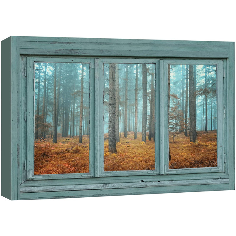Scène de fenêtre «Fenêtre sarcelle rétro donnant sur une forêt brumeuse bleue en automne» sur, H 24 po x l 36 po
