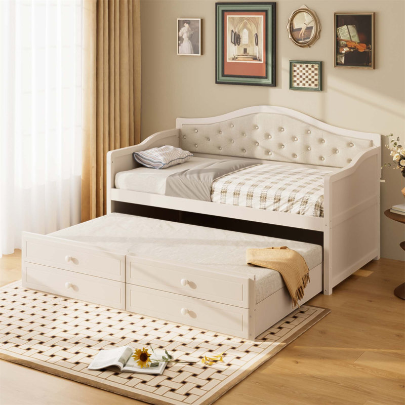 Lit de jour simple avec lit gigogne et rangement, dossier capitonné pour des espaces de vie polyvalents, Beige