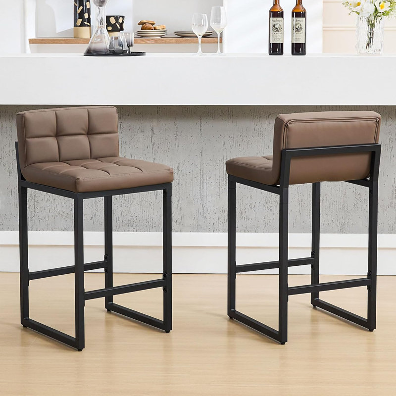 Tabouret de bar et de comptoir rembourré à dossier bas avec structure en métal épaissie pour îlot de cuisine, Brun, 2