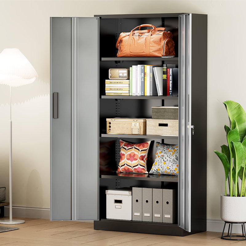 Steel Single Storage Cabinet with Lock ( 72'' H x 32'' W x 16'' D), Black/Gray