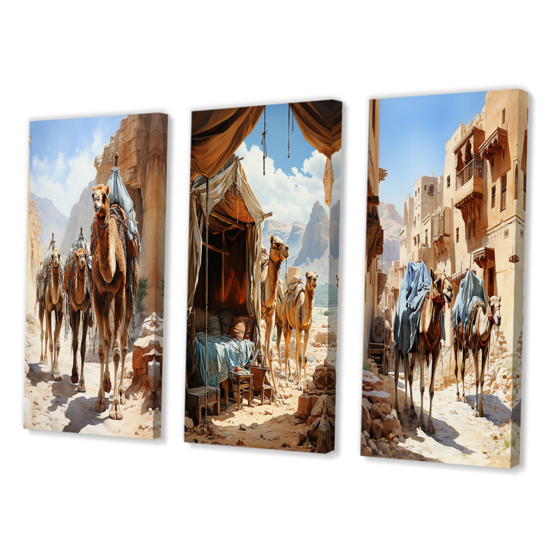 «Asian Art Silk Road», 3 pièces sur toile, H 20 po x l 36 po, Toile tendue
