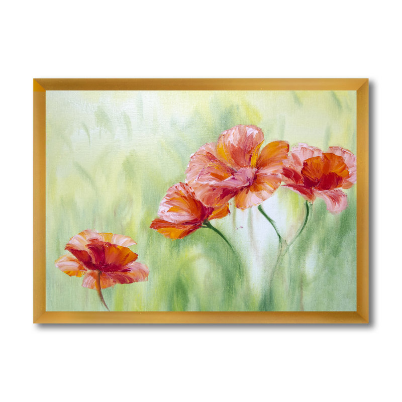 «Red Blossoming Poppies I», peinture sur toile, Toile encadrée d'or, H 24 po x l 32 po x P 1,5 po