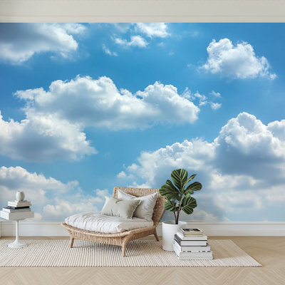 Peel and Stick Wallpaper 144" W x 100" H Modern Self Adhesive Wall Mural for Bedroom beautiful blue sky white fluffy cloud horizon outdoor for