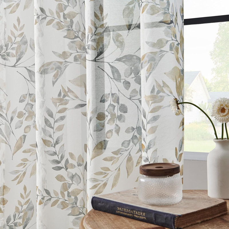 Floral Leaf Print Semi-Sheer Grommet Curtain Panel, 40" W x 84" L