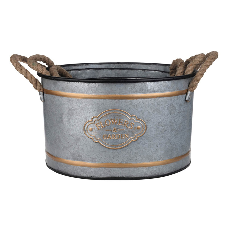 Of Three Metal Pots With Rope Handles And Gold Embellishment Feature Work, Grey Multi Color Pattern, Nesting For Space Efficiency, 4.2 Lbs 3 Galvanized Decorative Trimmings, - Toned, Easy Saving,