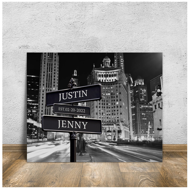 Art mural sur toile avec panneau personnalisé avec nom et date - Chicago City Lights Skyline, anniversaire moderne ou cadeau de mariage