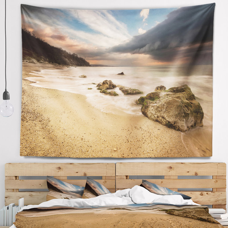 Tapisserie plage exotique bord de mer avec vagues blanches, H 78 po x l 92 po