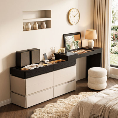 Ensemble coiffeuse extensible et réversible 2 en 1, coiffeuse noire et beige avec miroir rabattable, organisateur en verre et 6 tiroirs de rangement, commode convertible moderne pour petite chambre