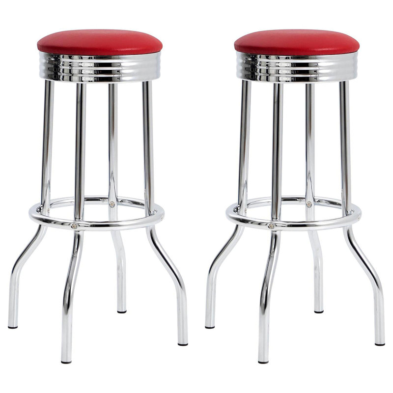 Red And Chrome Bar Height Stool (Set Of 2), Red
