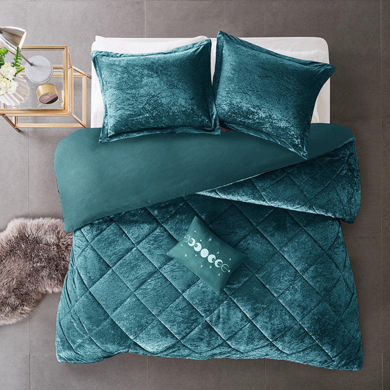 Housse de couette luxueuse en velours pervenche avec oreiller et design pour une chambre à coucher élégante, Sarcelle