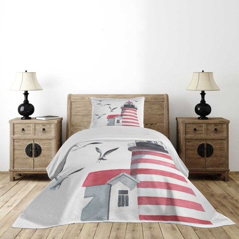 King Size White Quilted Bedspread Set with Lighthouse Design