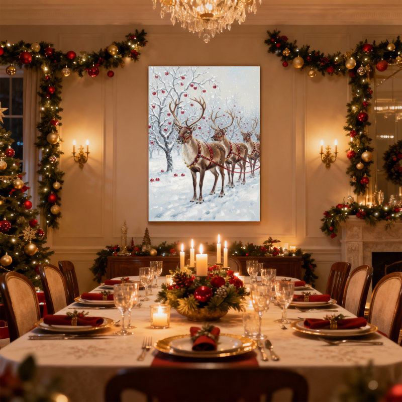 Renne de Noël tirant un traîneau dans la forêt enneigée, ensemble de 3 impressions sur toile, H 18 po x l 12 po