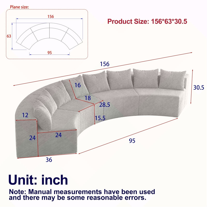 Canapé modulaire incurvé sans cordon avec 8 coussins Corduroy, Gris