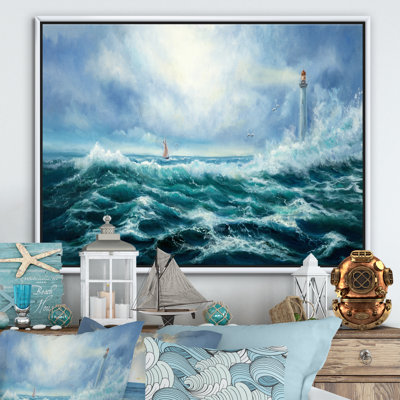 Lighthouse In Middle Of Blue Wild Ocean Waves - Painting on Canvas