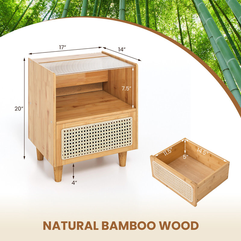 Table de chevet Boho avec tiroir et pieds en bois Bay Isle Home ™ , Naturel