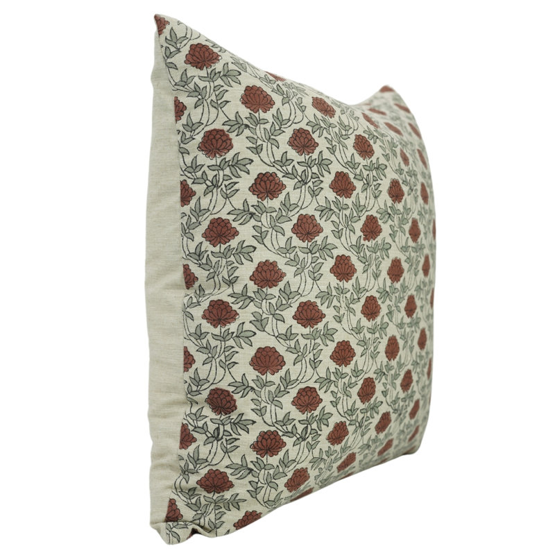 Artisan Floral Block Print Cushion Cover Boho Style Decorative Pillowcase for Living Room & Bedroom, Gray/Red Floral