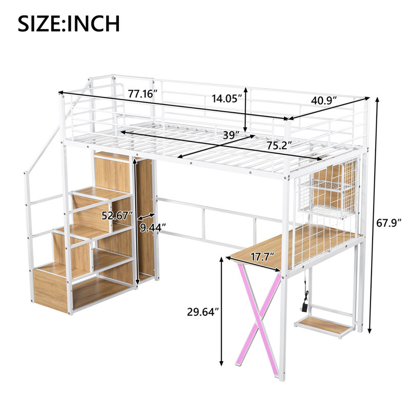 Lit mezzanine en métal avec poste de travail intégré, garde-robe, escalier de rangement et DEL, Simple