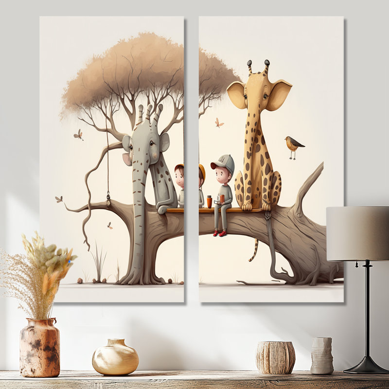 Giraffe And Elephant With Kids - Cream Canvas Prints, 20" H x 24" W, Wrapped Canvas, Does Not Apply