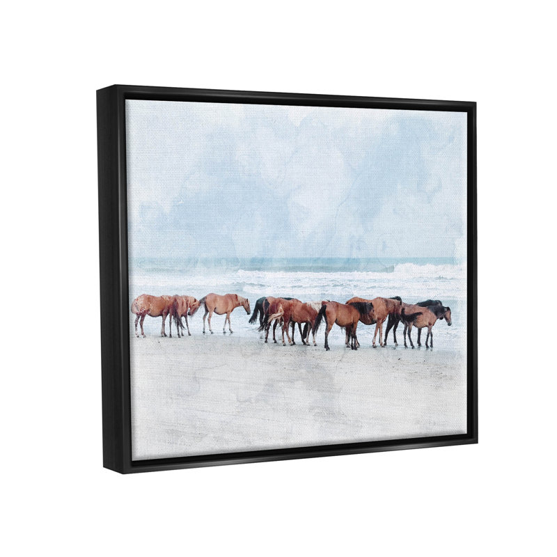 Toile de cheval sur une plage flottante, Cadre flottant noir de jais, H 17 po x l 21 po x P 1,7 po