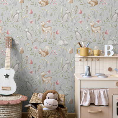 Forest Animals Grey Whimsical Wallpaper