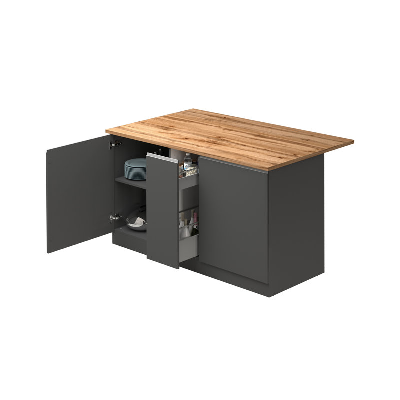 Rafie Wood Kitchen Island, Oak Wood, Grey
