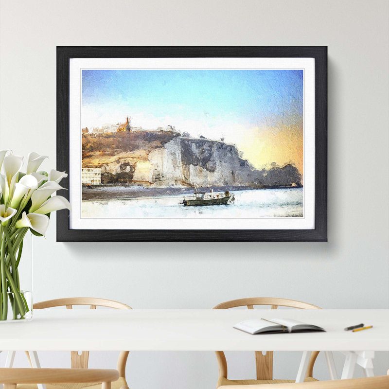 Boat Passing Beachy Head Cliffs Eastbourne - Picture Frame Painting Print on MDF, Black Framed, 27cm H x 36cm W x 2cm D