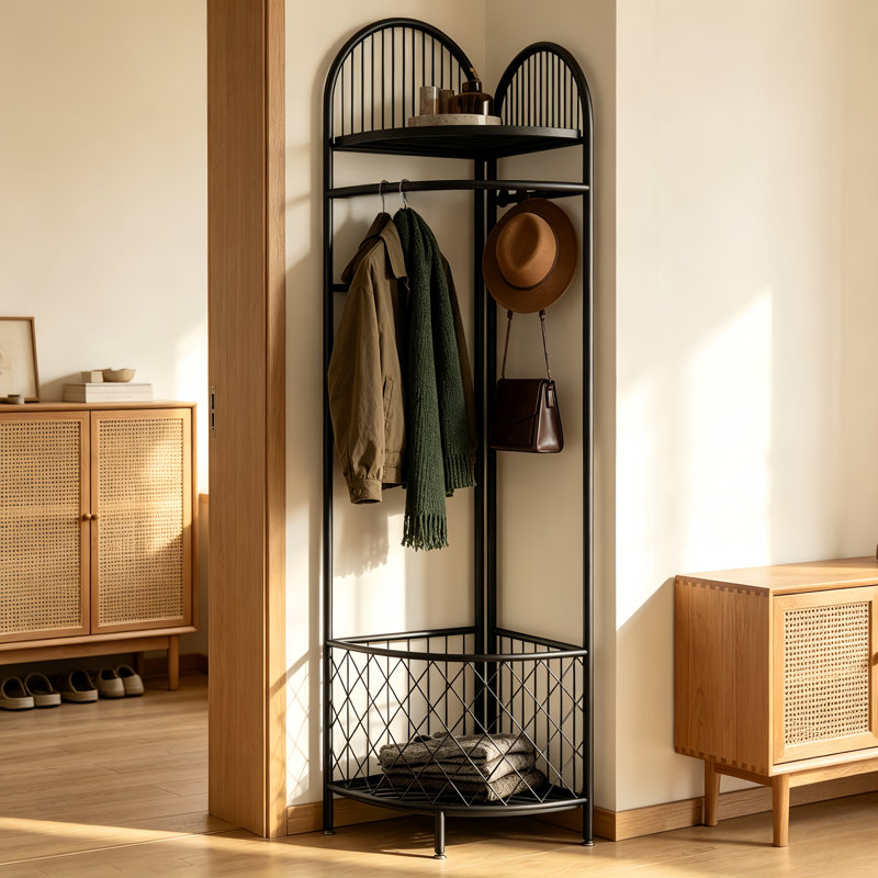 Black Corner Coat Rack with Storage and Hooks