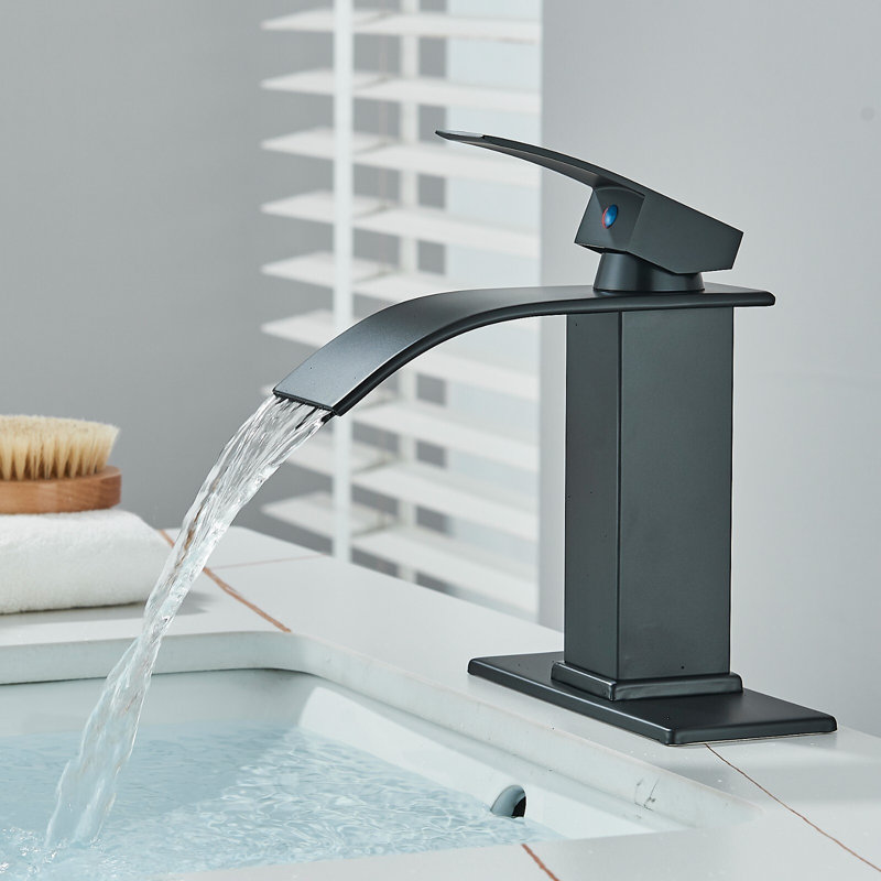 Robinet de lavabo Mosson noir mat à effet cascade avec plaque de montage carrée de 15 cm