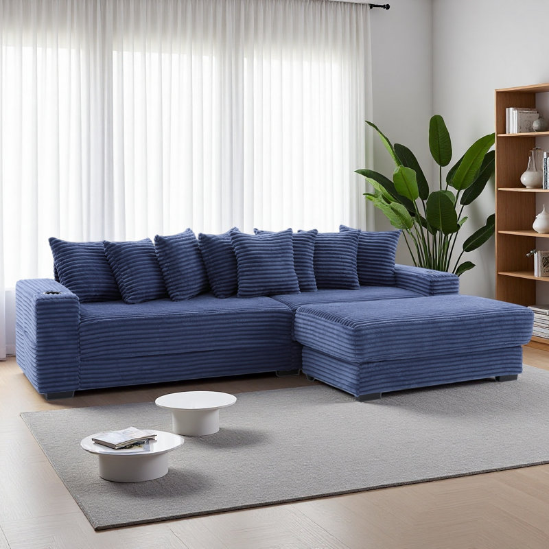 110.75" Modular L Shaped Sofa, Corduroy Fabric Sectional Couch,With A Movable Footstool, Cup Holders,Bring 8 Throw Pillows,Side Pocket,Unfold Into A Bed