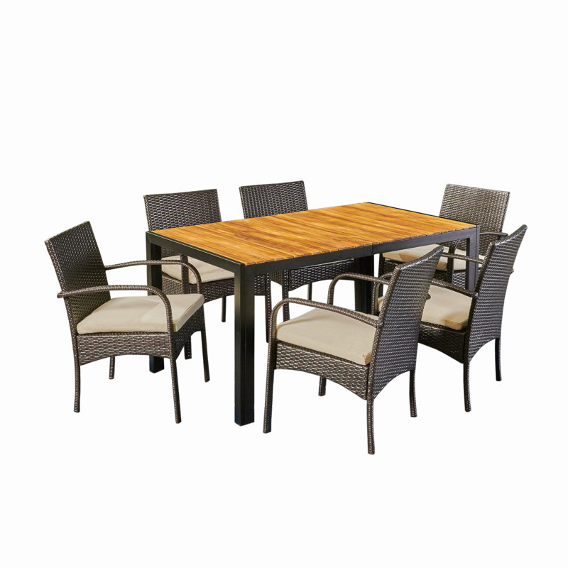 6 - Person Acacia Wicker Patio Dining Set with Rectangular Table , Cushions Included