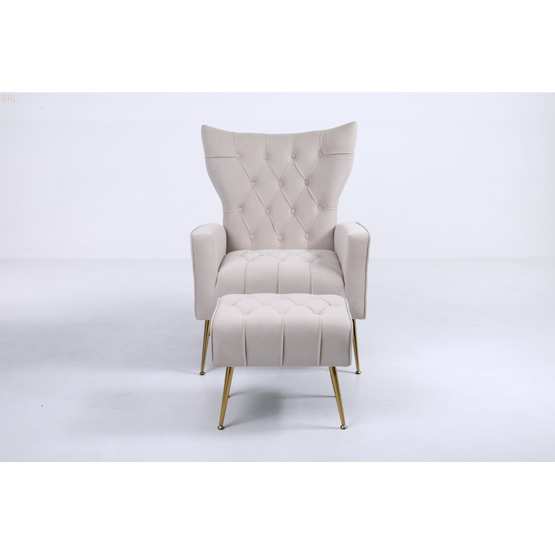 Chaise d'appoint rembourrée avec coussins capitonnés et repose-pieds, Beige