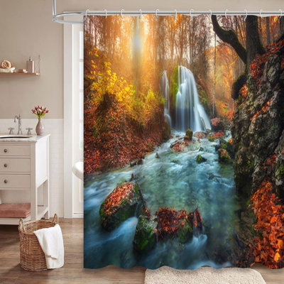 Waterfall Mountain River Autumn Red Forest Shower Curtain with 12 Hooks