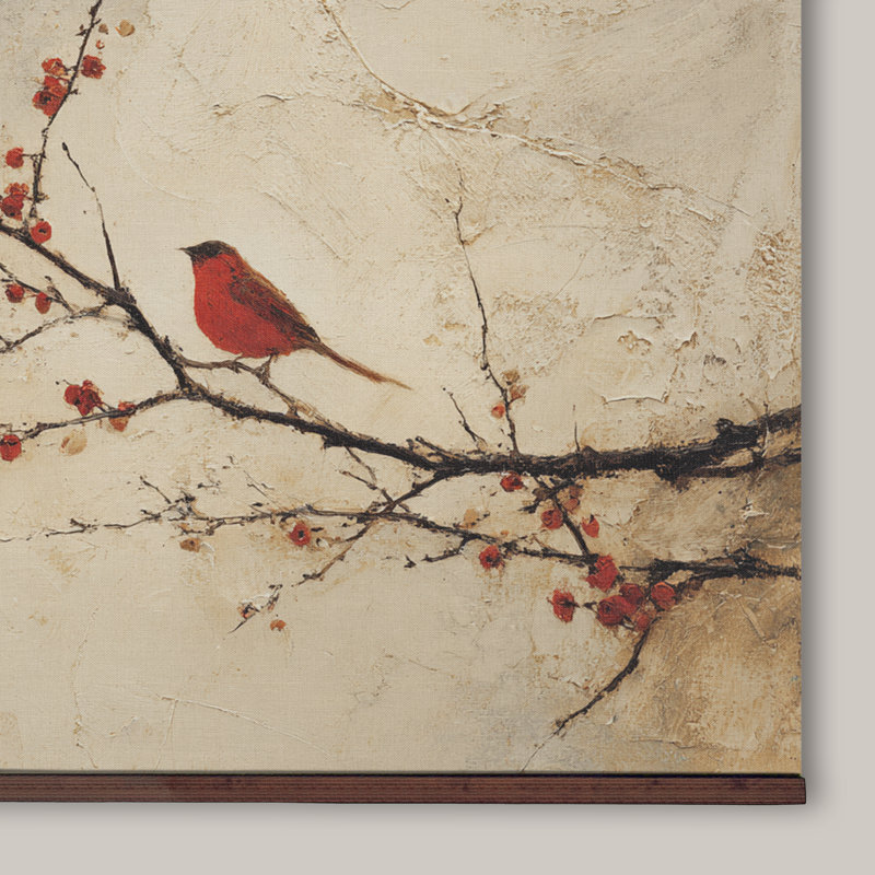 «Red Bird on Branch», art mural sur toile, H 40 po x l 60 po