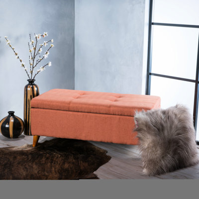 Banc de rangement élégant pour jeux de société et télécommandes : plateau relevable, tissu, imitation bouleau, brun foncé, 48,5 cm x 40 cm x 95,2 cm, orange, assemblage requis. Plateau relevable : rangement pour jeux et télécommandes, bois de bouleau, 96,5 cm x 40 cm x 95,5 cm.