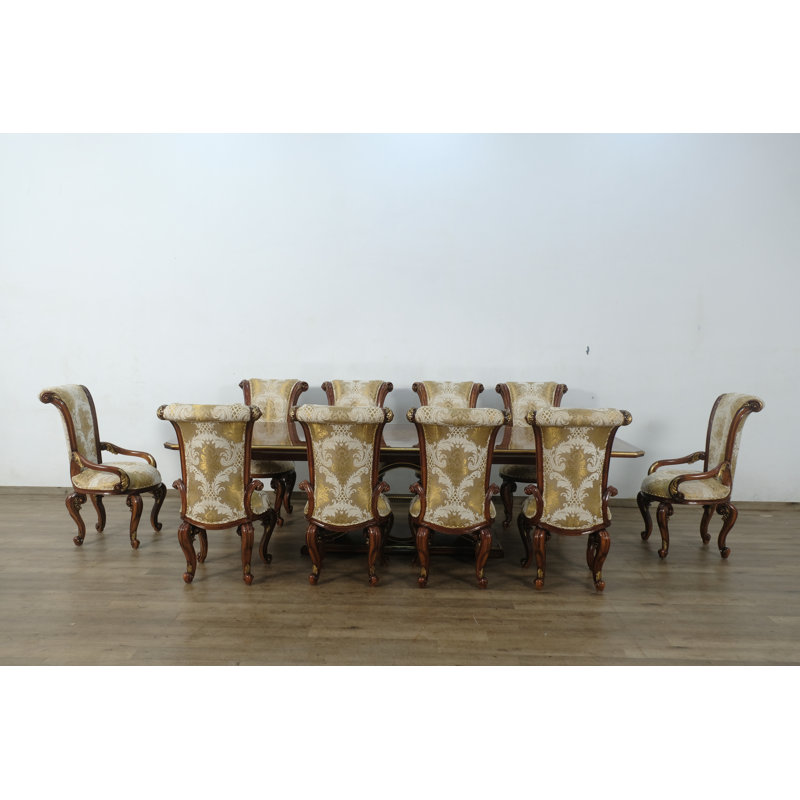 Ensemble de salle à manger 11 pièces Raffaello Ii avec tissu damassé doré