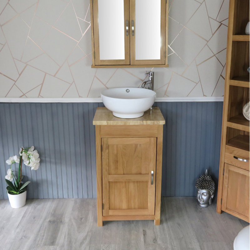 Slimline Compact 515mm Free-standing Cloakroom Vanity Unit, Oak, Cream Marble