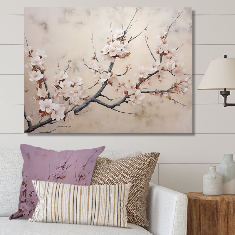 Fleurs de cerisier gris et blanc minimalistes, Toile tendue, H 34 po x l 44 po x P 1,5 po