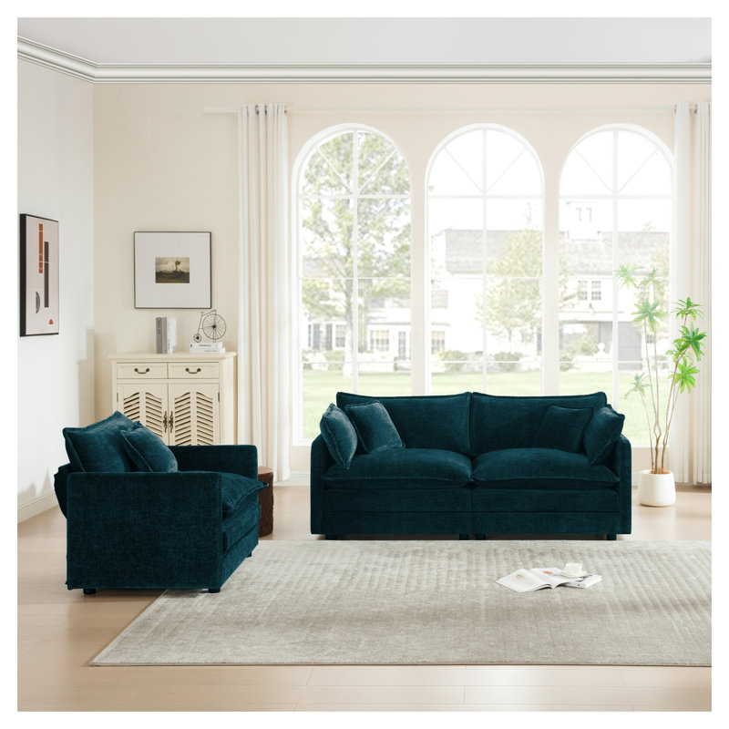 Ensemble de salon en chenille bleu 2 pièces, fauteuil d'appoint 1 place et causeuse 2 places, Chenille bleue