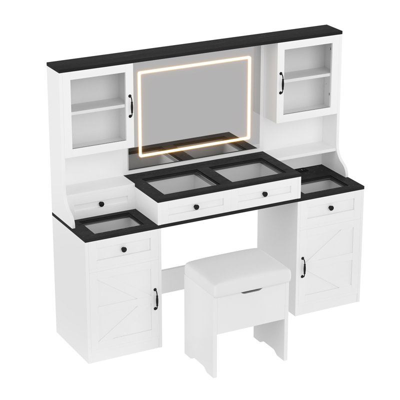 61.5" Farmhouse Vanity Desk With Mirror And LED Lights