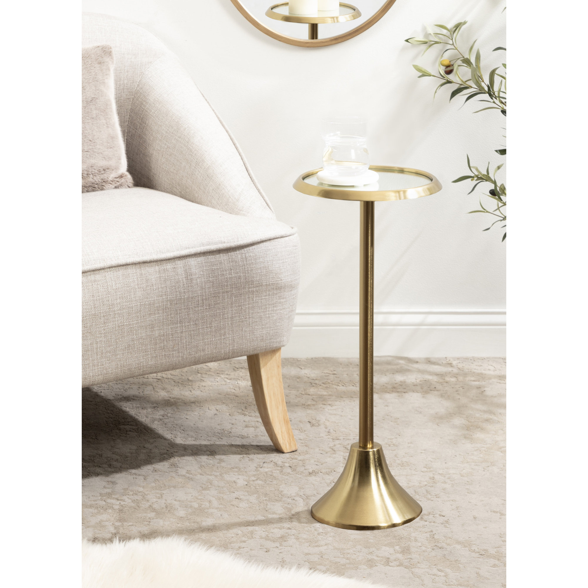 Deanna Iron End Table, 23" H x 9" W x 9" D, Gold Base/Mirrored Glass Top