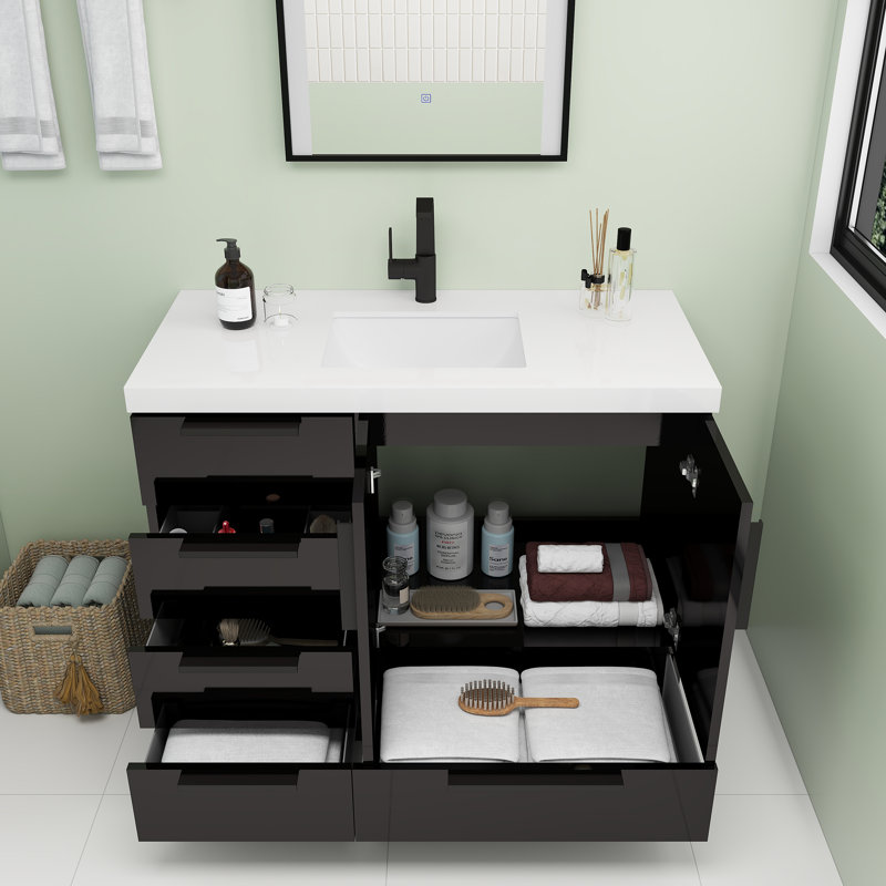 Meuble-lavabo autoportant avec tiroirs latéraux Carla, 42", Lustre noir