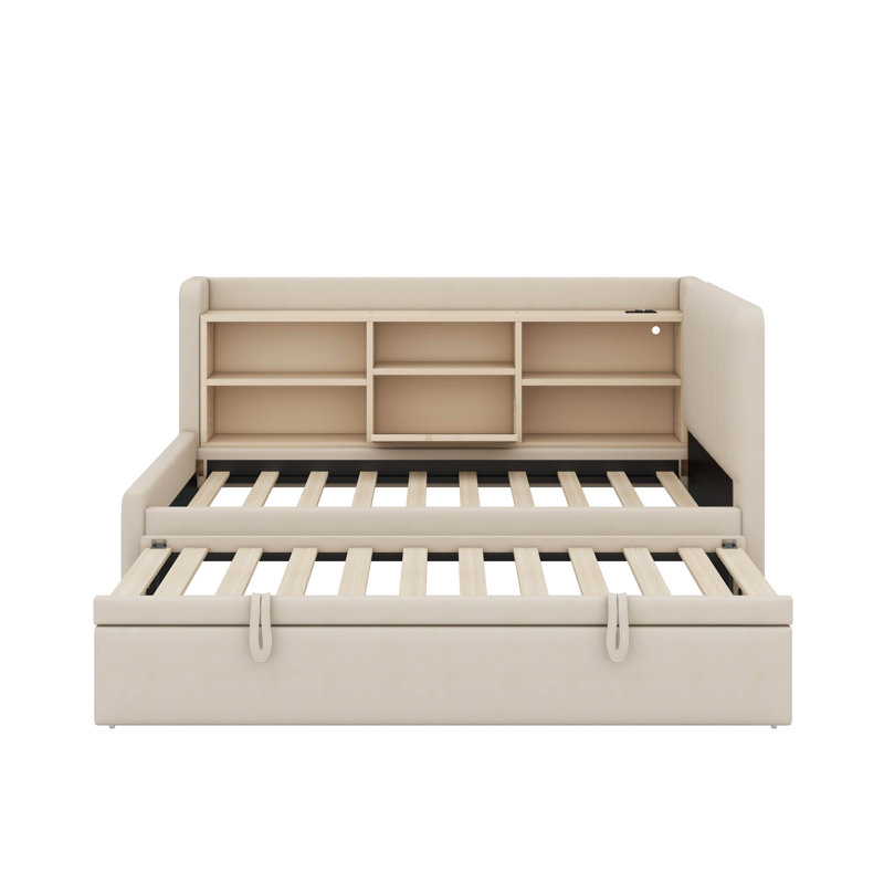 Lit de jour simple rembourré avec lit gigogne, tablettes de rangement, port USB et prise de courant, Beige