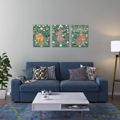 3 pièces léopard floral sur fond botanique vert, motifs animaliers modernes Mid-Century pour chambre à coucher, 16 x 24