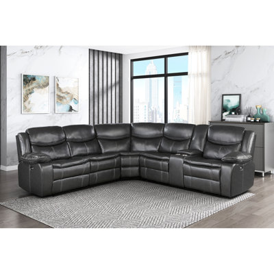 Canapé modulaire 3 pièces contemporain avec similicuir respirant gris foncé, structure en bois massif, commande électrique, commandes à une touche, ports de console, dossiers de siège amovibles, ajustement moderne à 5 sièges, prises