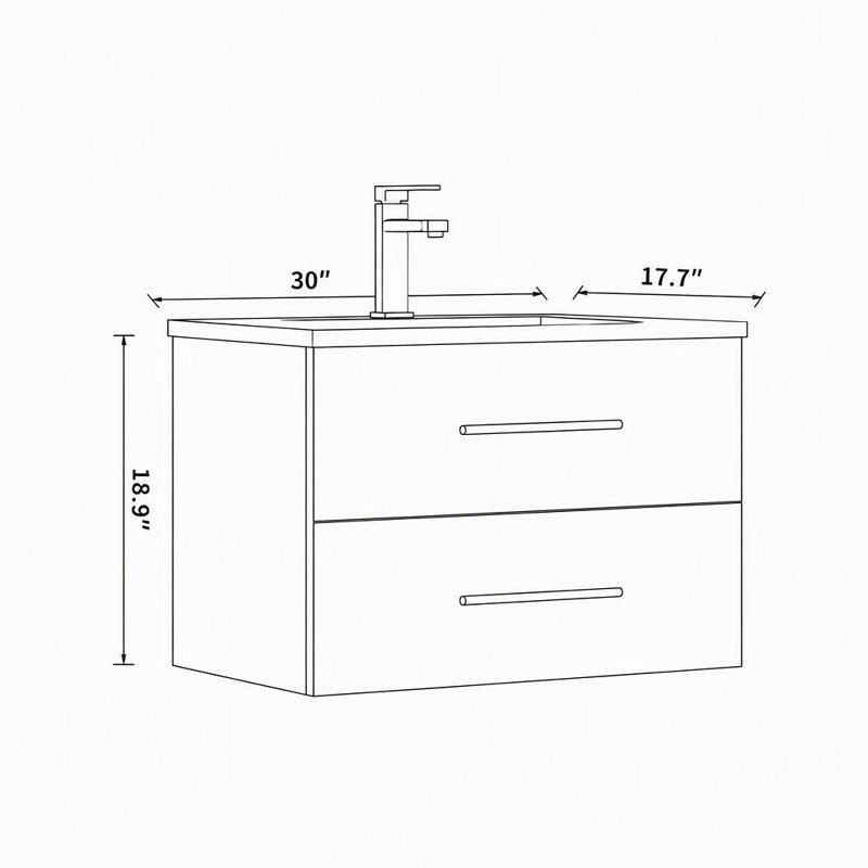 Meuble-lavabo mural de 76 cm (30 pouces) avec lavabo en céramique, double tiroir et longue poignée en métal