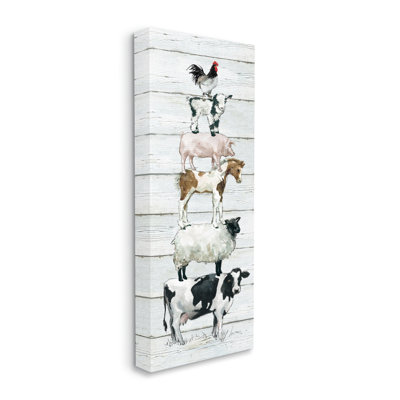 Balancing Farm Animals Rustic White Plank Pattern by Carol Robinson - Wrapped Canvas Graphic Art