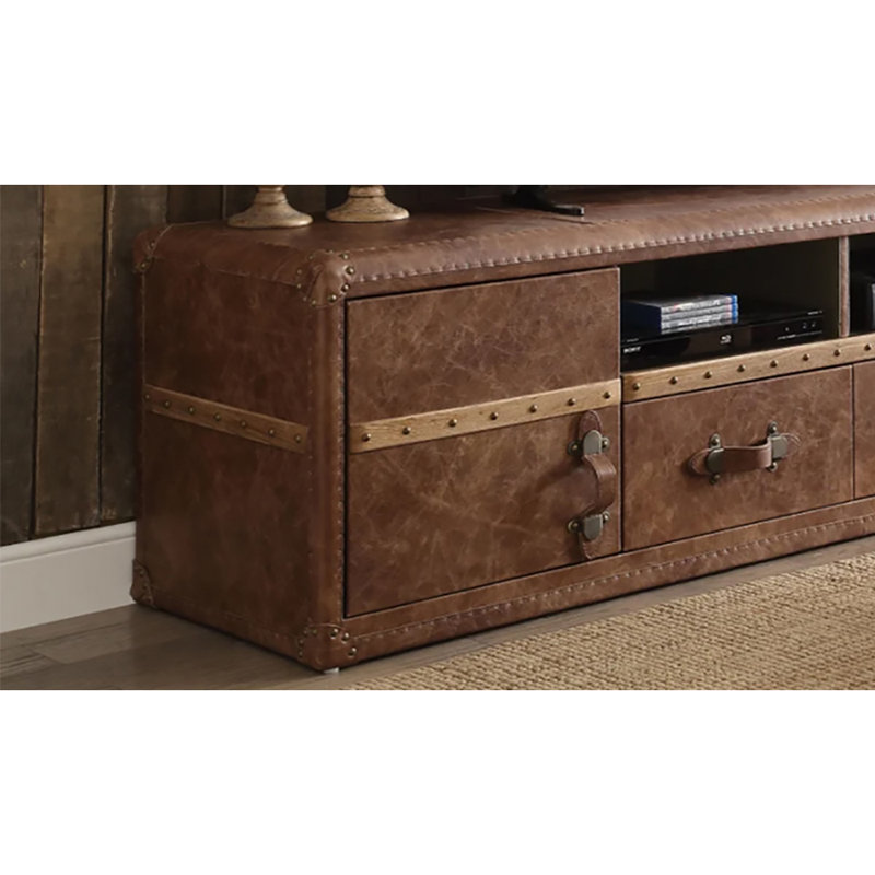 Retro Brown Top Grain Leather TV Stand with Cabinet