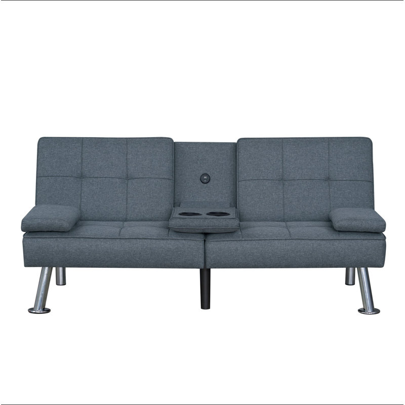 Canapé-lit convertible moderne en tissu gris avec ports USB et porte-gobelets rabattables